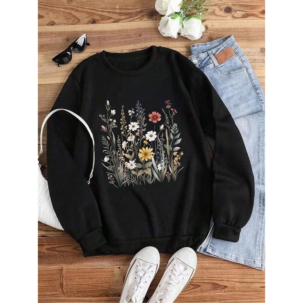Moletom Gola Careca Feminino Estampado Varias Flores Delicado Estilosa ...