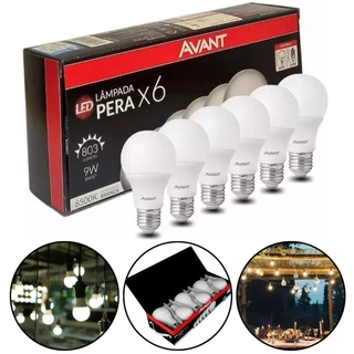 Kit 6 Lâmpada Led Pera 9w Bulbo E27 Bivolt Luz Branca 6500k Avant Quarto Sala Apto Casa Escritorio