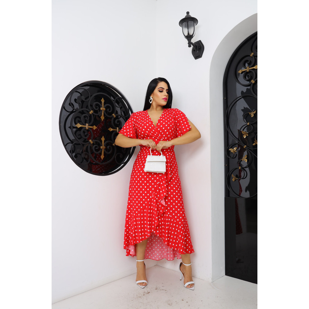 VESTIDO LONGO ENVELOPE ESTAMPA BOLINHAS VISCOLINHO MANGA CURTO