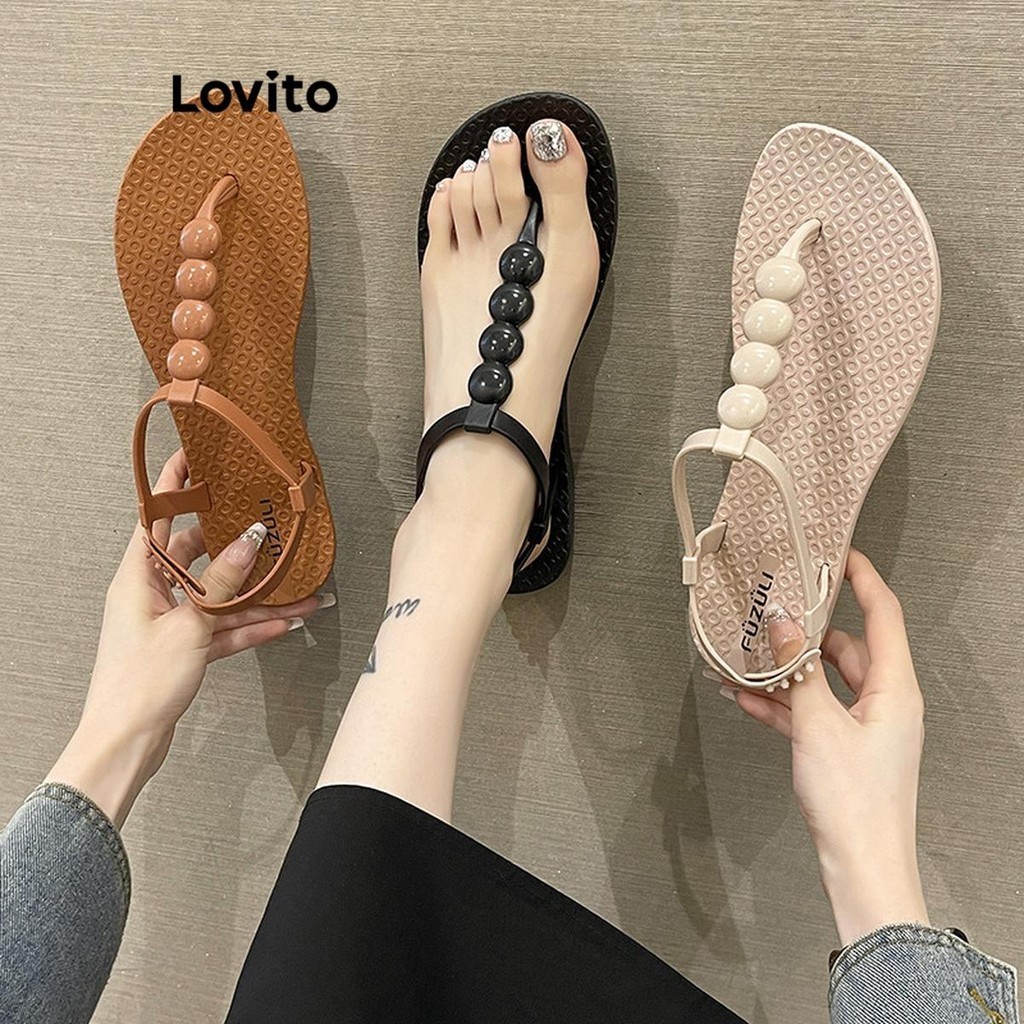 Lovito Sandálias planas casuais com contas lisas para mulheres LFA21329