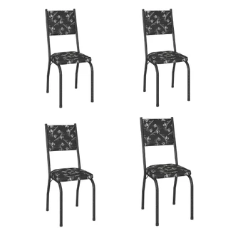 Conjunto Com 4 Cadeiras Tubular Diana Preto Craquelado Assento Floral Artefamol