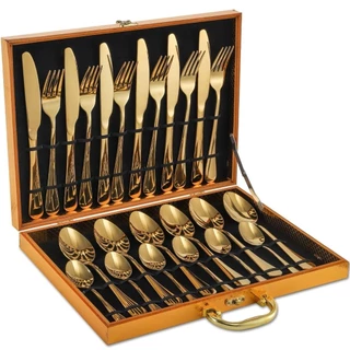 Kit 24 Peças Jogo De Talheres Dourados Aço Inoxidável 416 Caixa De Madeira