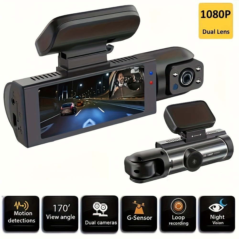 1080P Dual Camera Dash Cam Para Carros Com Visão Noturna IR, Gravação Loop, E Lente Grande Angular-8.03 Cm Tela IPS