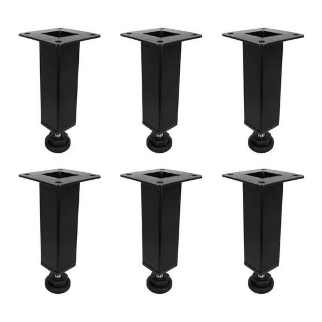 6x Pé de Aço Regulável de 10cm Preto Quadrado Para Móveis