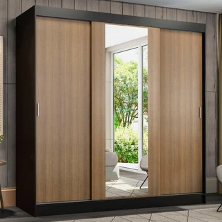 Guarda-Roupa Casal Madesa Reno 3 Portas de Correr com Espelho - Preto/Rustic em Oferta na Shopee