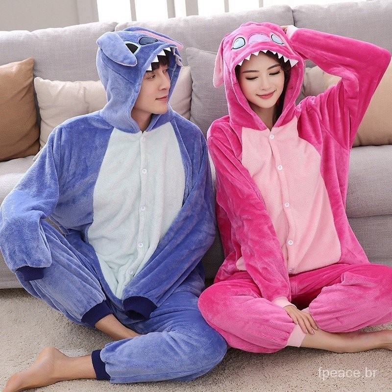 Unisex Kigurumi Stitch Cartoon Flanela Pijama Mulher Homem Casal Capuz ...