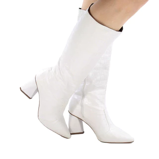 BOTA FEMININA CANO ALTO CROCO NAPA BRANCO SALTO GROSSO 8CM
