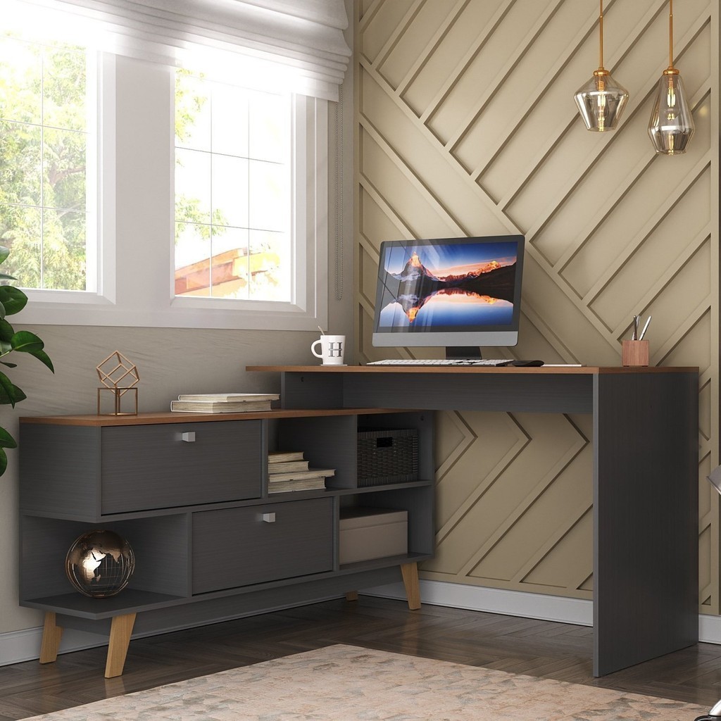 Mesa Escrivaninha em L 120x136cm Retrô 2 Portas Pés Madeira Maciça Nogal/Grafite