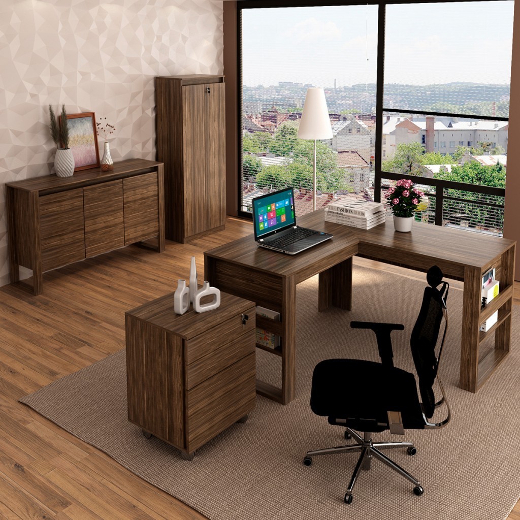 Conjunto Home Office 4 Peças 1 Mesa, 1 Gaveteiro e 2 Armários para Escritório Stanford 3