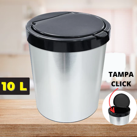 Lixeira Cesto de Lixo 10 Litros Inox Automática Tampa Click Label Para Banheiro Cozinha Escritório Quarto Arqplast