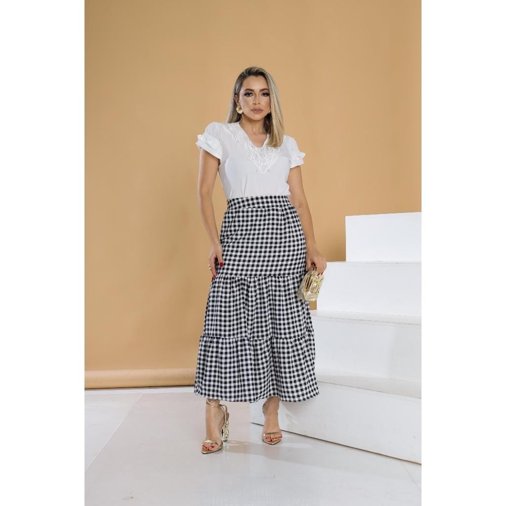 Saia Preta Midi chá Longa Xadrez Quadriculada com Forro Godê Evasê
