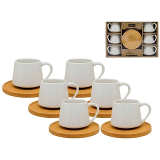 Jogo 6 Xícaras de Café Cerâmica Com Pires Em Bambu Havana Blanca 100ML