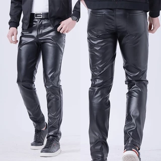 【 NEW 】 Casual Calças Longas De Moda Masculina Sintéticas De Couro De PU Slim