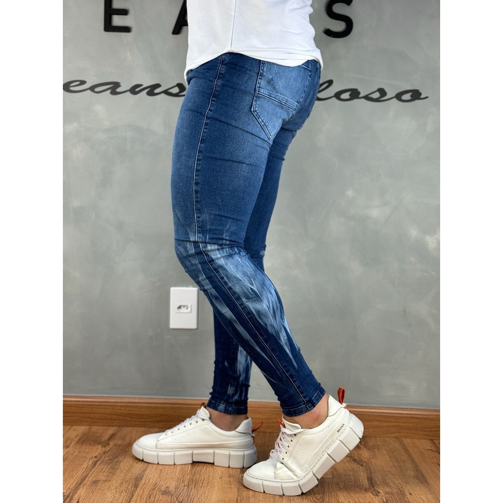 Calça Masculina Jeans Super Skinny Lavagem Manchada