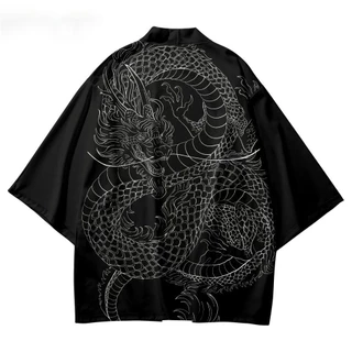 Dragão Japonês Estilo Impressão Kimono Tradicional Homens Yukata Cardigan Cosplay tee Haori Streetwear Tops Tamanho Grande