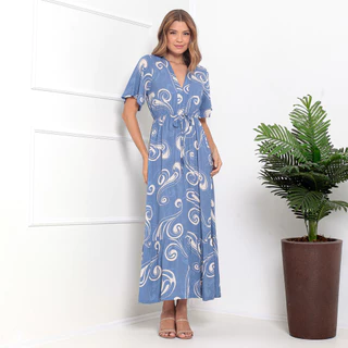 Vestido Longo Gola V Estampado Não Amassa Moda elegância
