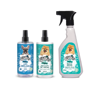Kit Banho a Seco Pet 500ml + Higienizador de Patas 250ml + Limpa Orelhas Cães e Gatos 250ml Collie Vegan