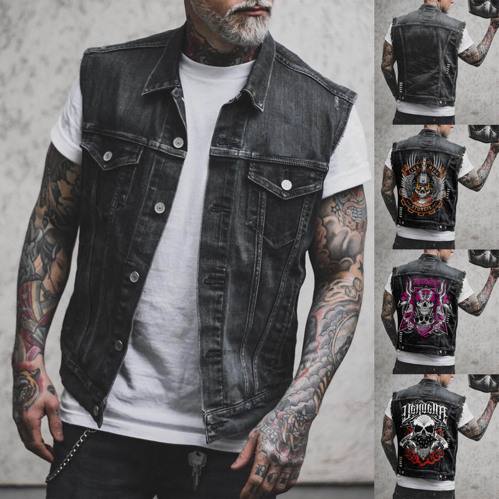 Colete Jeans Masculino Destroyed Sem Mangas Steampunk Estampado Casaco Plus Size