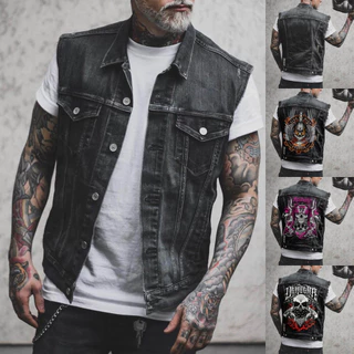 Colete Jeans Masculino Destroyed Sem Mangas Steampunk Estampado Casaco Plus Size