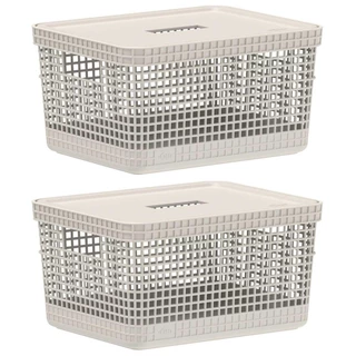 Kit 2 Cesto 8L Organizador Multiuso OU Grid Bege com Tampa