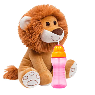 Garrafa Infantil Canudo Retrátil 300ml Fresh Rosa + Pelucia Meu Leaozinho Caramelo Antialergico 25cm