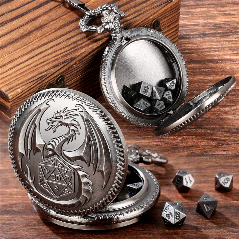 7 X Dados Poliédricos De Metal Com Caixa De Bronze De Bolso De Dragão D & Role Play Game Dices Pendant Chain