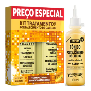 GOTA DOURADA KIT SH + COND FORTALECIMANTO 300ML + TONICO FORTALECIMENTO ALHO 100ML