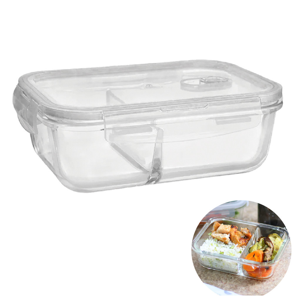Pote de Vidro Com Divisoria 640ml para Marmita Com Divisória e Tampa Hermérica pode ir no Microondas Freezer e Lava Louças