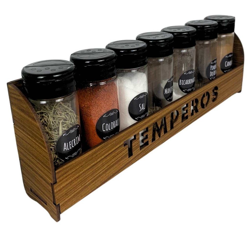 Kit 7 Frascos + Suporte Porta Tempero Mogno + Cartela com 18 Etiquetas com Nomes