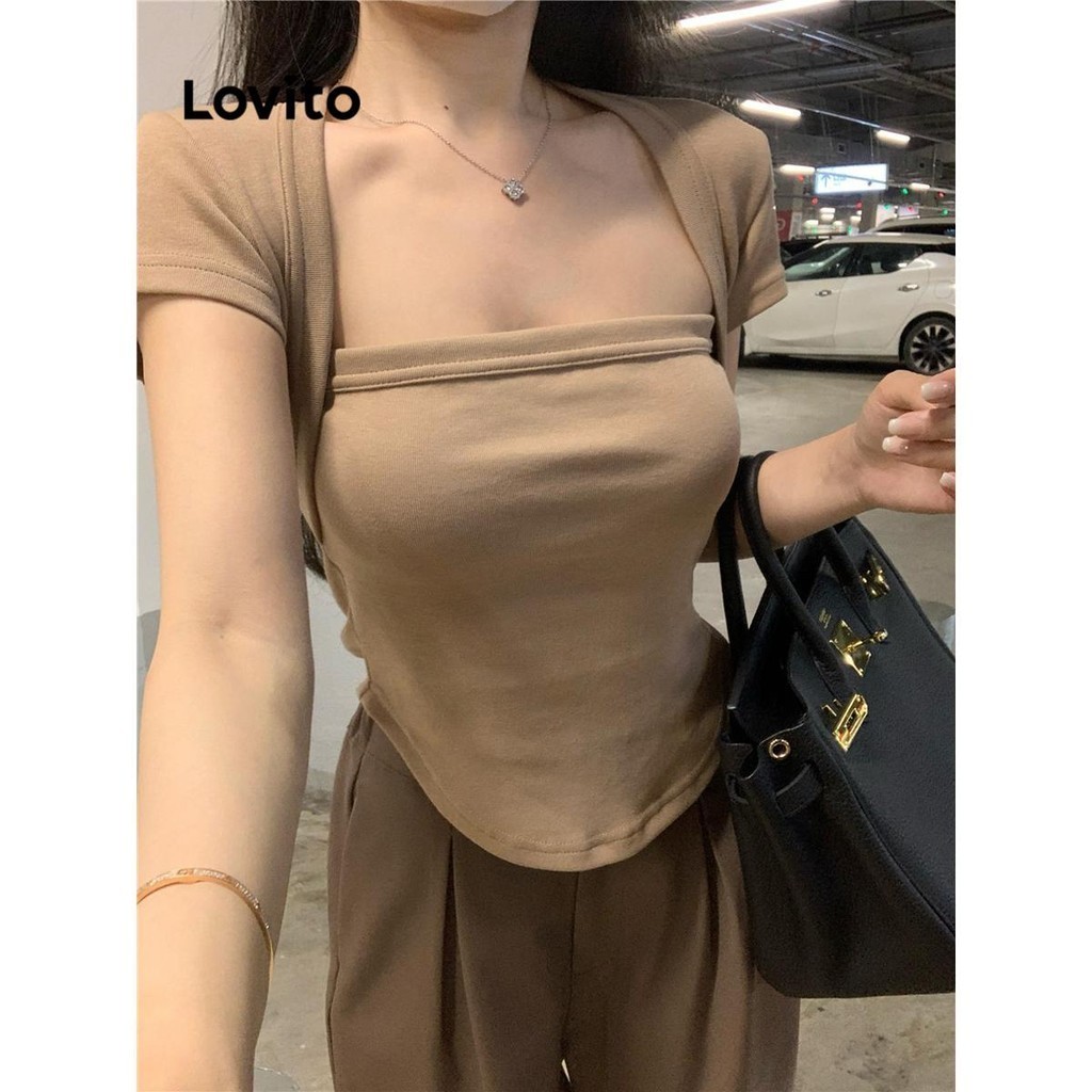 Lovito Camiseta básica elegante com padrão liso para mulheres LNE61170