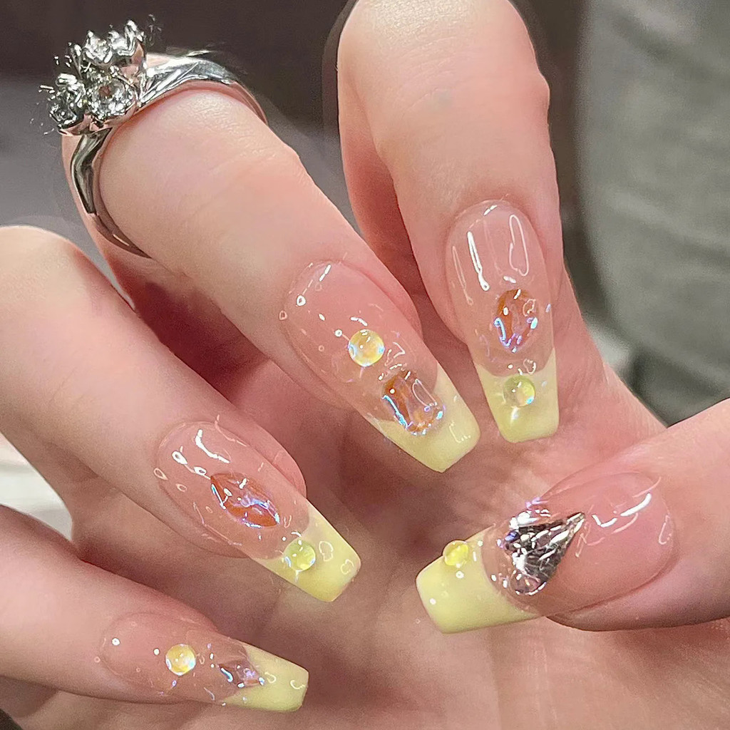 24Pcs Amarelo Francês Unhas Falsas Longo Caixão Unhas Falsas com Pedrinhas Bailarina Destacável Cobertura Completa Dicas De Unhas Pressione nas Unhas