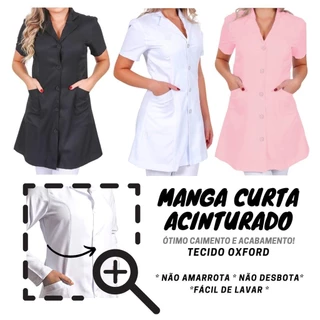 JALECO FC Acinturado Feminino Manga Curta oxford Preto Rosa Branco Melhor preço estética serviço