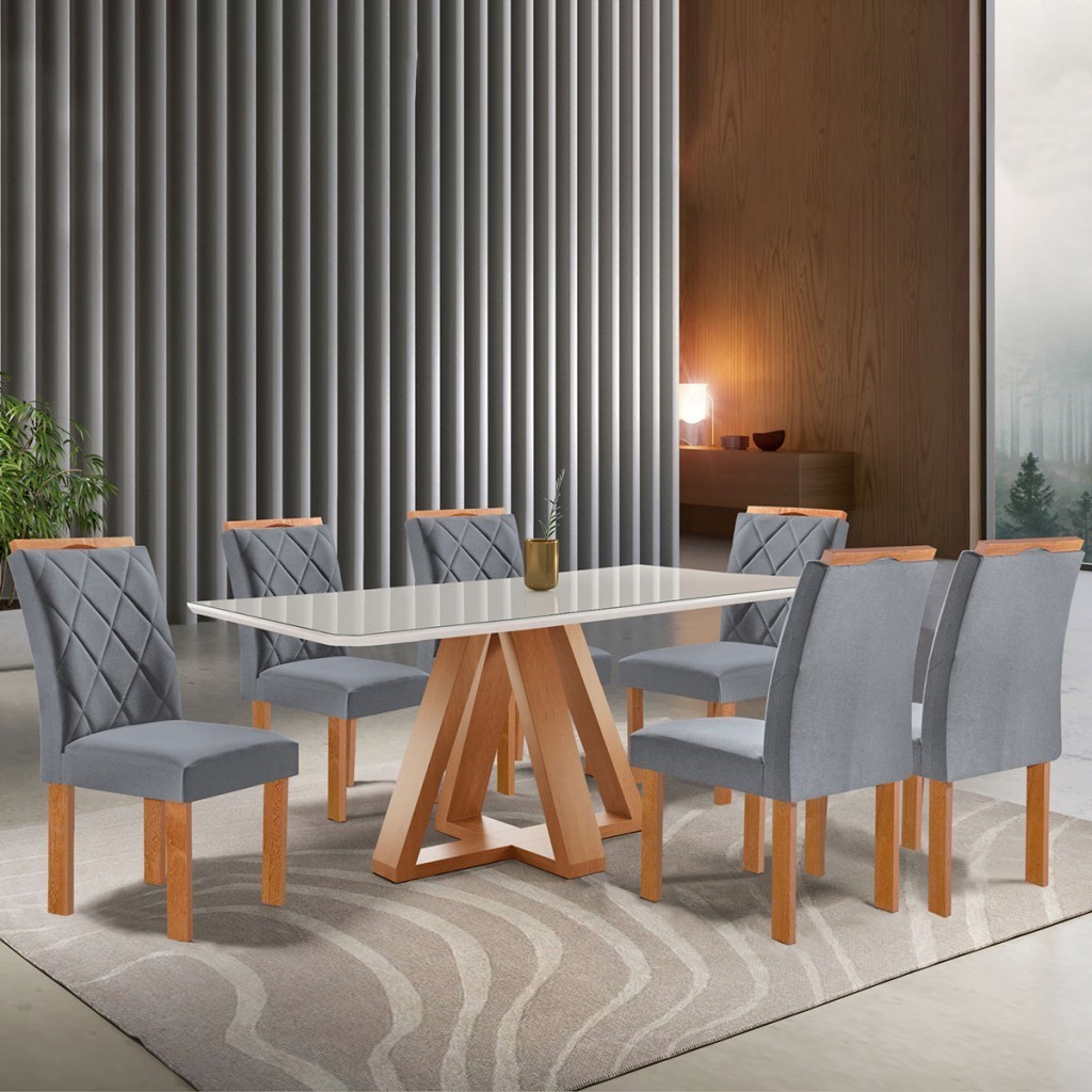 Mesa de Jantar 6 Lugares Kyra/Arthus com Vidro Cinamomo/Off White/Suede ...