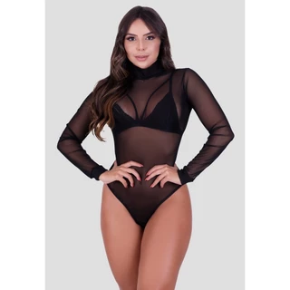 Body Feminino Bori Tule Preto Manga Longa Gola Alta Inverno Tendência Preto Branco Transparente Moda Blogueiras Lindo P ao GG