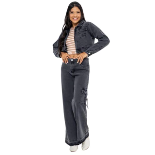 Calça Cargo Jeans Wide Leg Preto Black Pantalona Juvenil