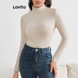Lovito Camiseta feminina casual de malha canelada lisa LBL12401