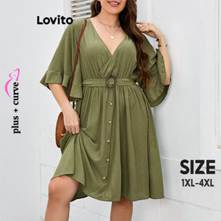 Lovito Vestido Plus Size Curvo Elegante Com Botão Liso Sem Costas Para Mulheres LNL37121 (Verde)
