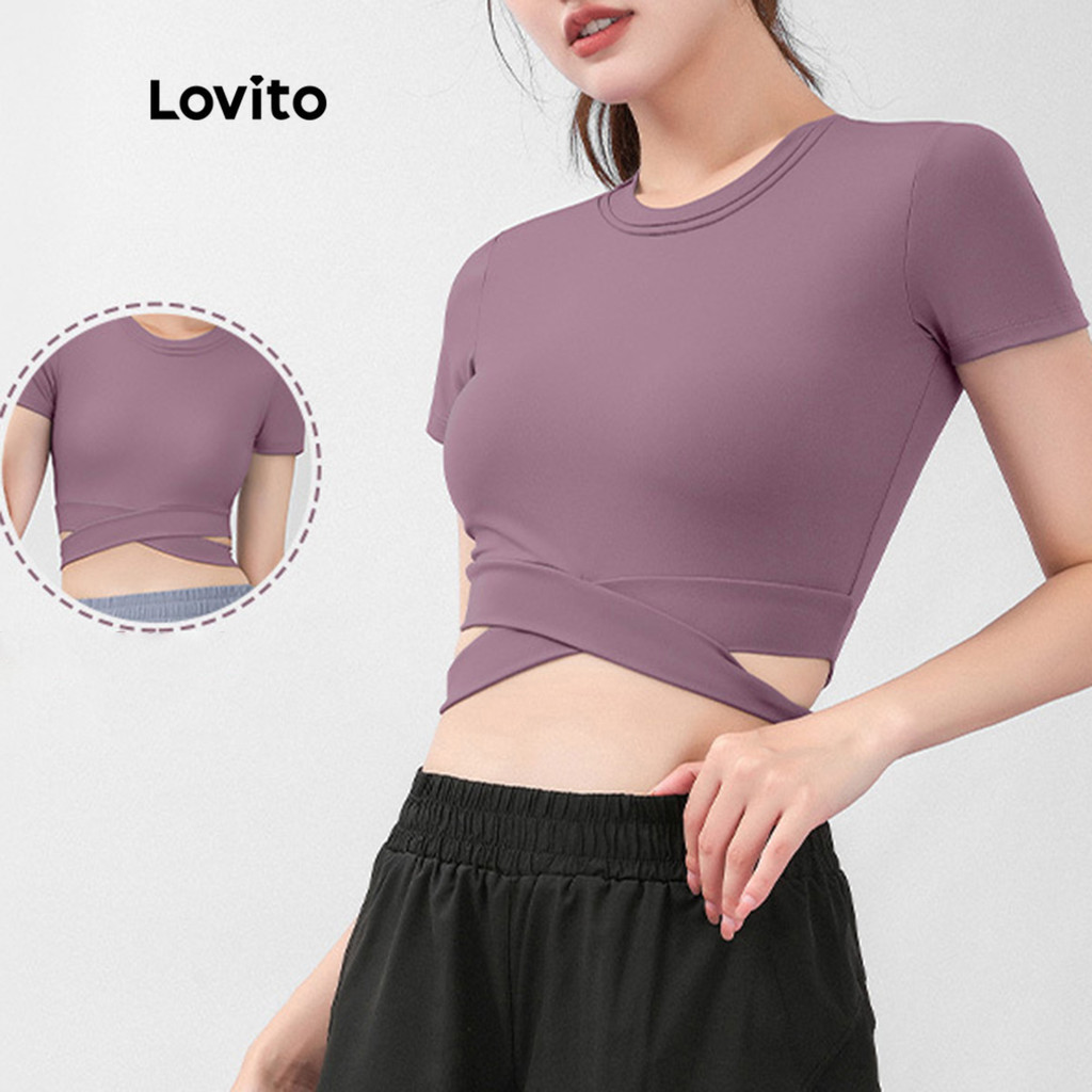 Lovito Sutiãs Esportivos com Cruzamento na Frente Simples para Mulheres LNA13052 (Roxo/Verde/Preto)