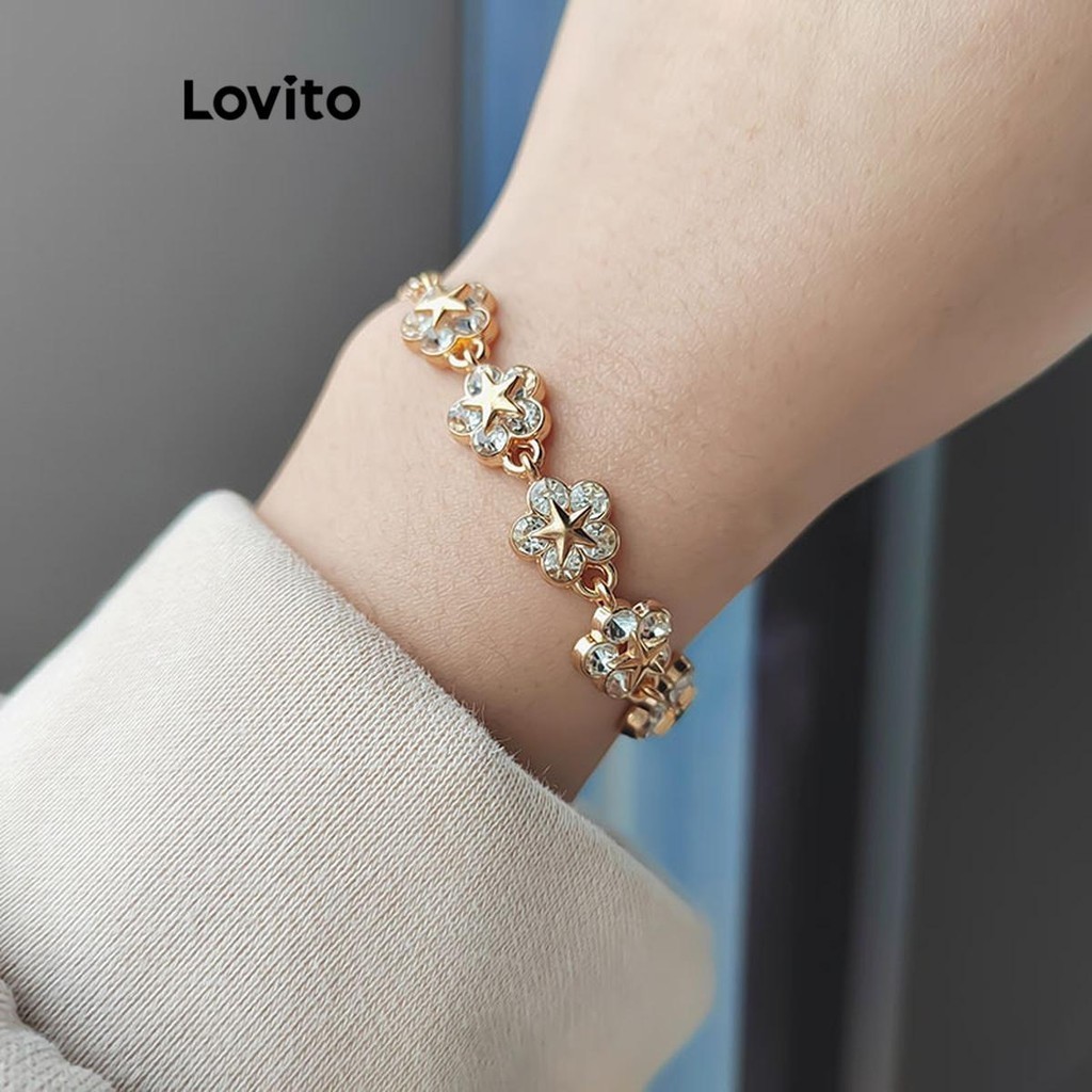 Lovito Pulseira casual de strass com flores florais para mulheres LFA29413