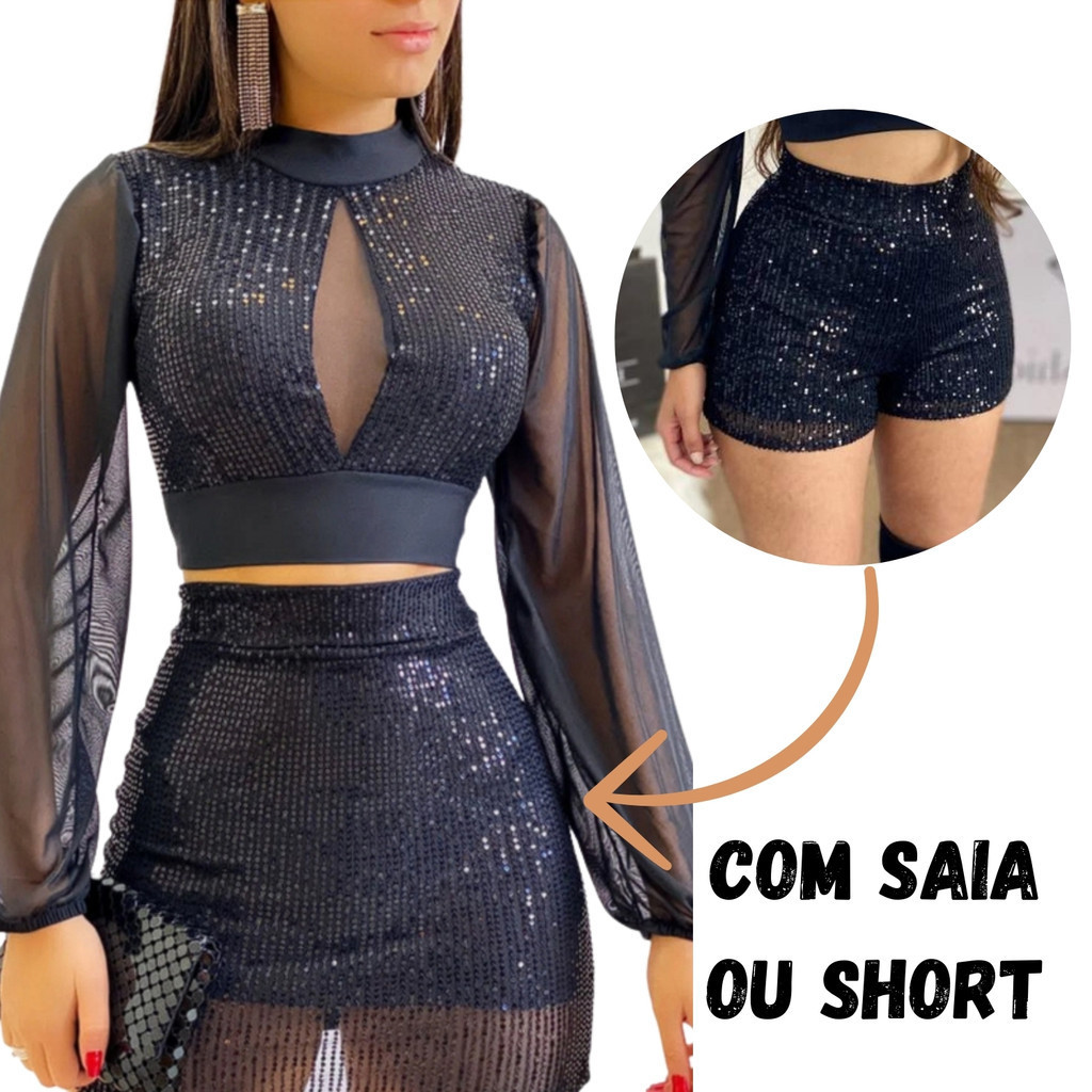 Conjunto Cropped c/ Gola Tule no Meio Manga Longa Tule Moda Balada ...