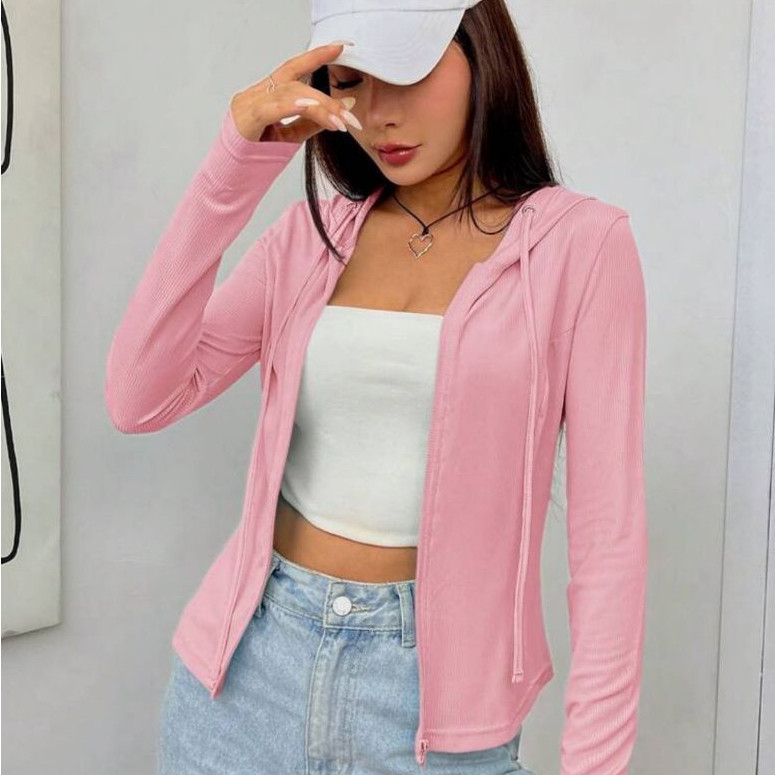 Blusa feminina casaco academia lisa basica esportiva com capuz ziper ribana .