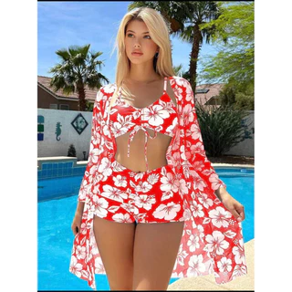 2024 Novo Estilo de biquíni de três peças Blusa de biquíni europeu-americano Impresso biquíni de três peças para mulheres
