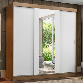 Guarda-Roupa Casal Madesa Reno 3 Portas de Correr com Espelho - Rustic/Branco em Oferta na Shopee