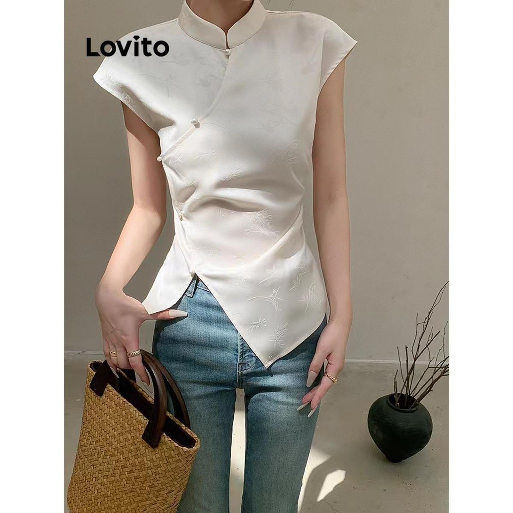 Lovito Camiseta casual lisa com frente dividida para mulheres LNA57004