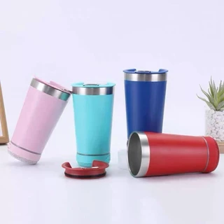 Copo térmico Personalizado inox com tampa abridor e caixa de som com bluetooth Led 420ML