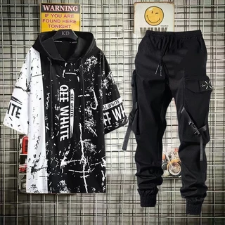 Calça De Carga Masculina Preto + Hem Print Tie-dye Short Sleeve T-Shirt Wide Set