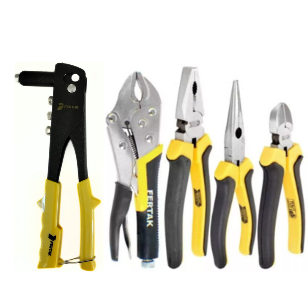 Kit 5 Alicates–1Universal 8 Pol+1 Corte 6"+1Bico Meia Cana 6"+1Pressão 10"+1Rebitador POP