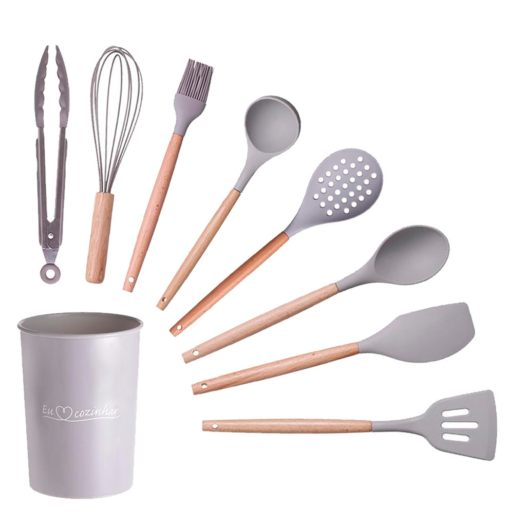 Jogo 9 Peças De Silicone/madeira Utensilios De Cozinha