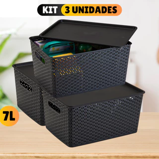 Kit Com 3 Cesto Caixa Organizadora Rattan Com Tampa 7 Litros Preto Multiuso