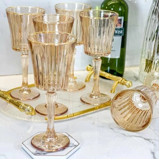 Jogo de 6 Taças Luxo Alto Padrão e Muito Brilho Para Vinho / Água - Egeu Borda Dourada Âmbar -Linha Premium